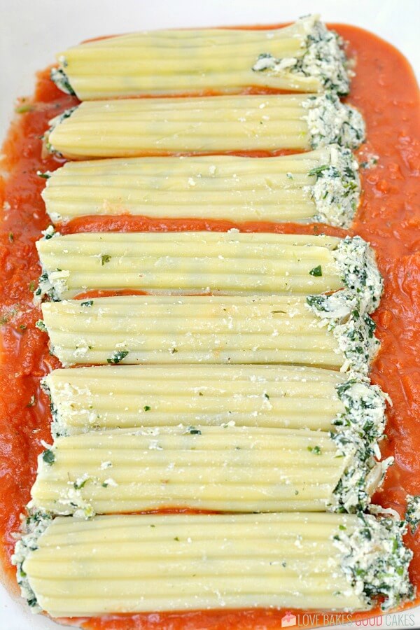 Baking dish filled with Spinach Ricotta Manicotti