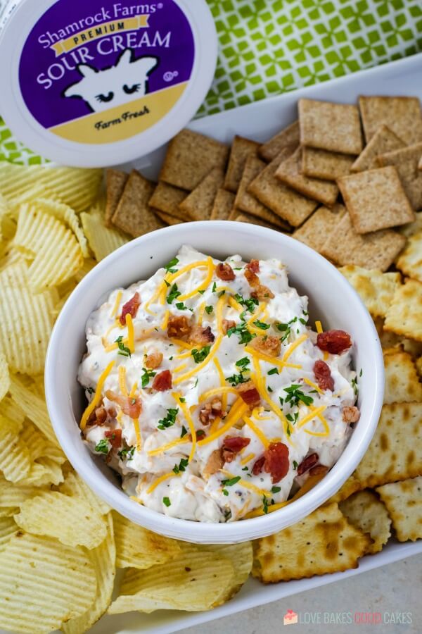 dip with assorted chips and crackers