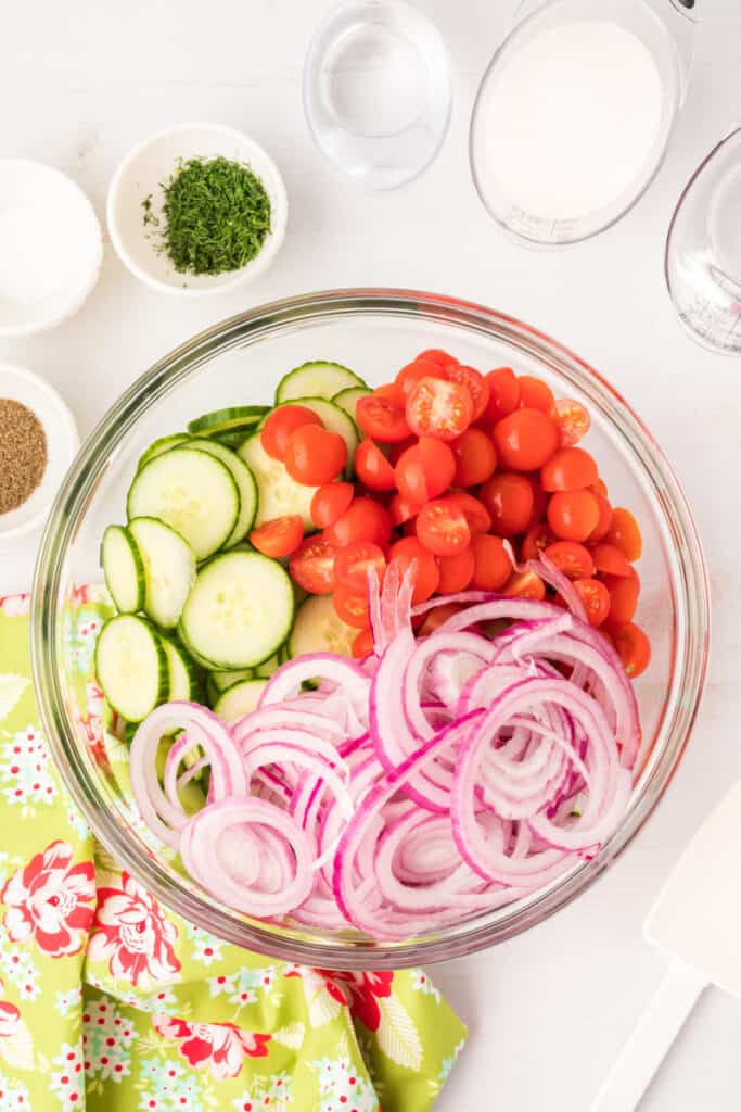 Sliced cucumbers, cherry tomatoes, and red onions in a glass bowl with herbs and seasonings nearby