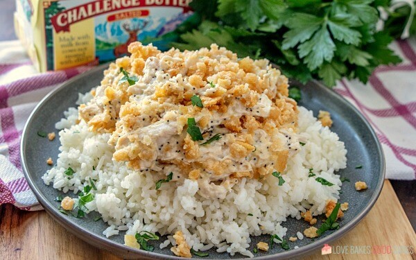 Poppy Seed Chicken Casserole over Rice. 