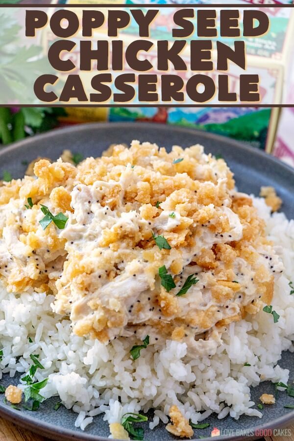 This Poppy Seed Chicken Casserole has a creamy poppy seed sauce filled with shredded chicken and topped with a rich buttery cracker crumb crust. Poppy Seed Chicken Casserole on a plate close up.