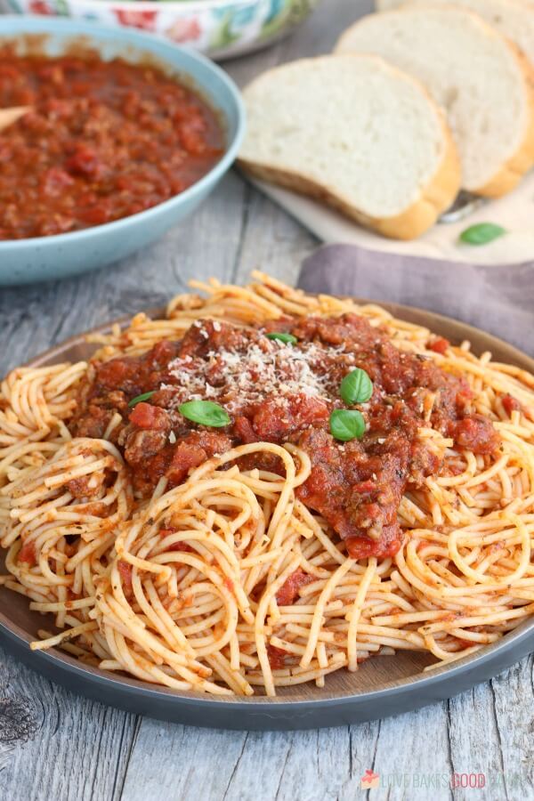 Slow Cooker Spaghetti Sauce with pasta on a plate.