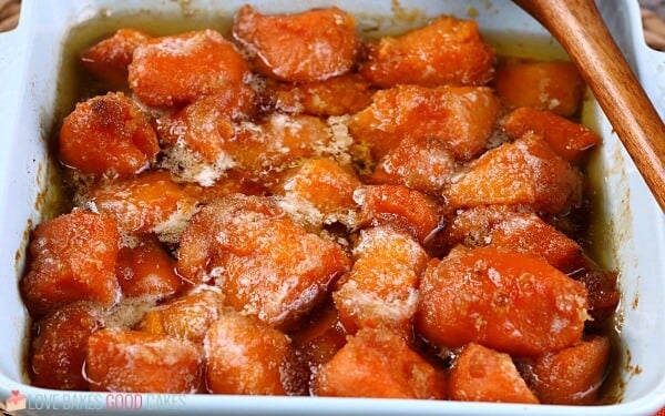 A horizontal view of the finished how to make candied yams tutorial. 