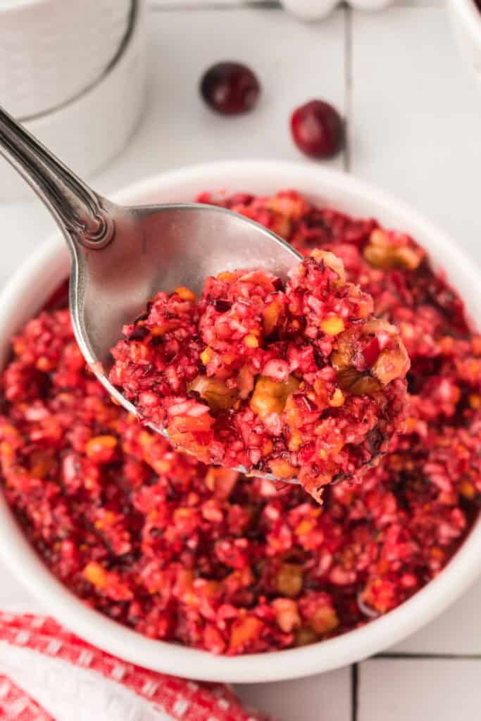 Close-up of a spoonful of cranberry relish lifted from the bowl, showing the chunky texture with cranberries, apples, and nuts.
