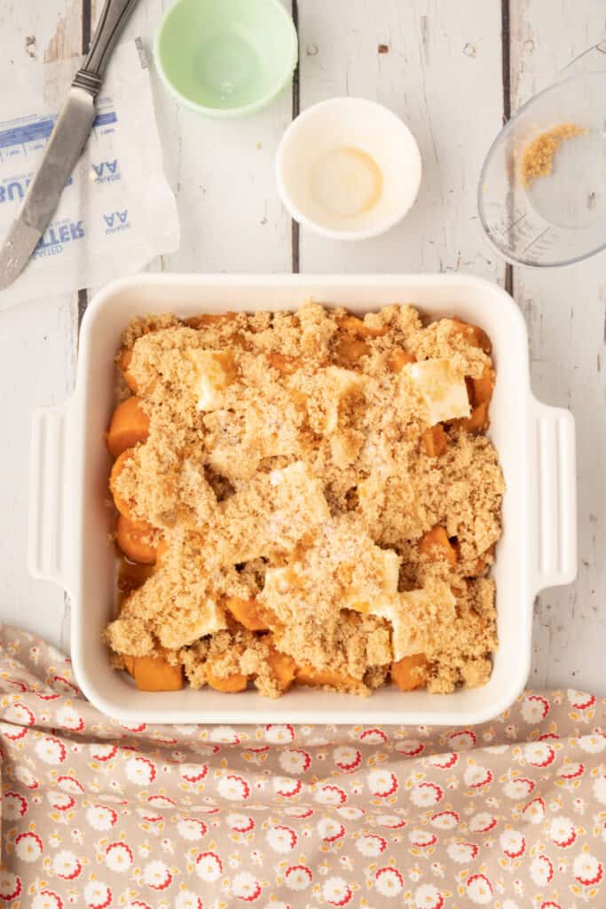 Brown sugar, butter, vanilla, and salt added to canned yams before baking