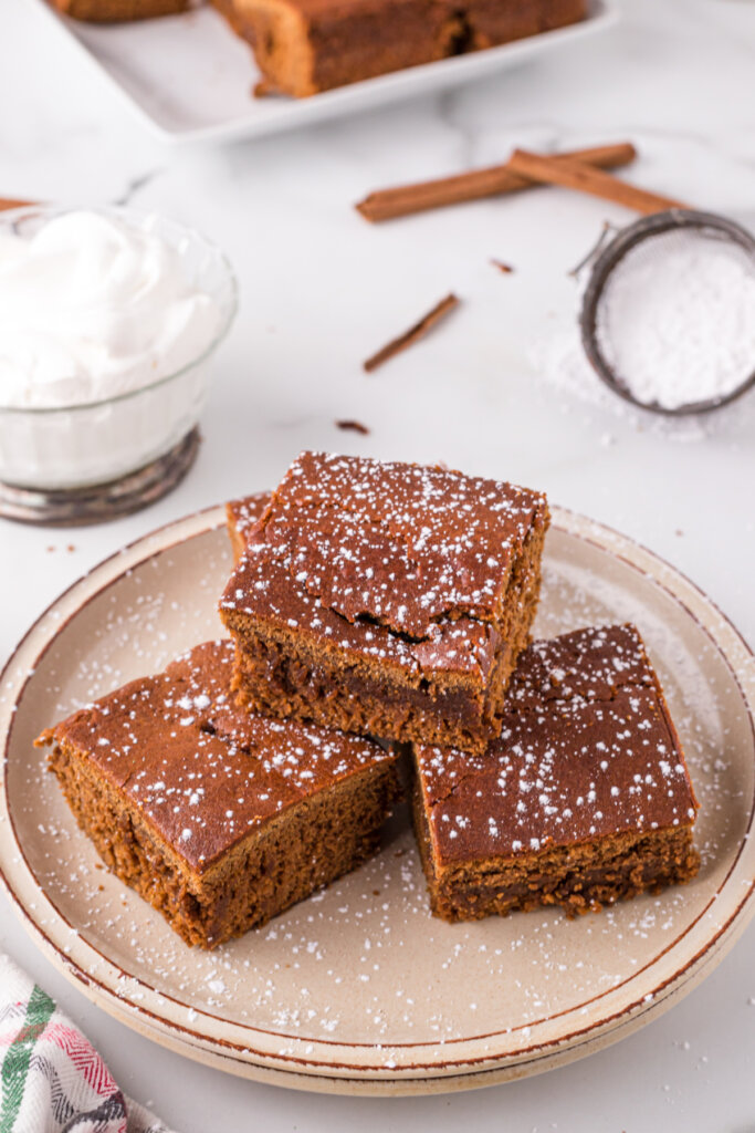 pieces of gingerbread stacked on a plate