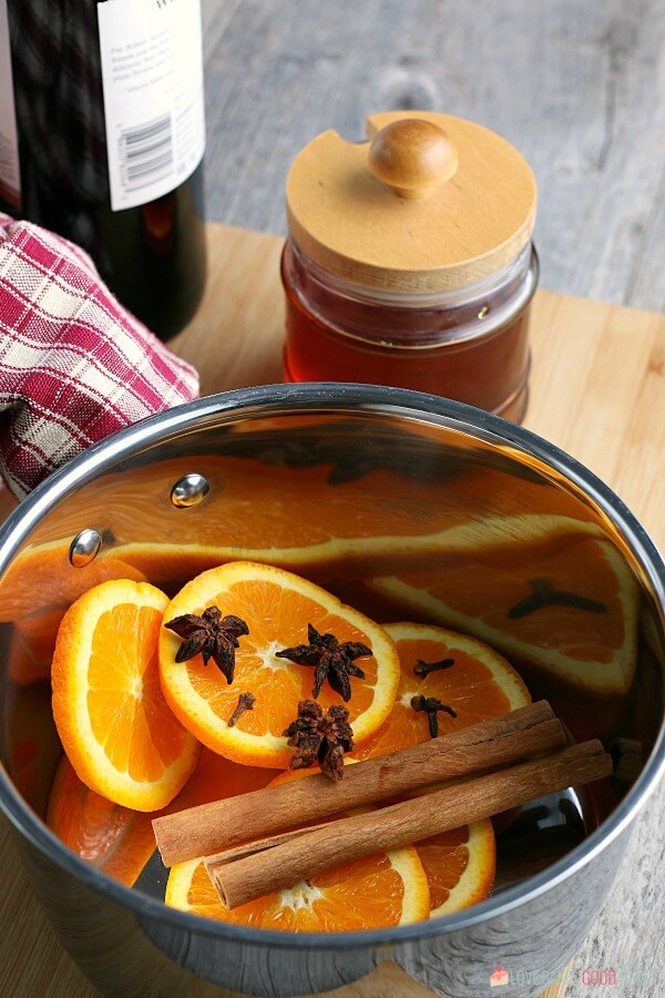 Mulled Wine ingredients in a metal mixing bowl.