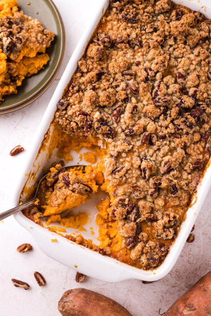 looking down onto a sweet potato casserole