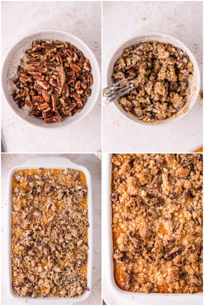 how to prepare the pecan topping and assemble the casserole