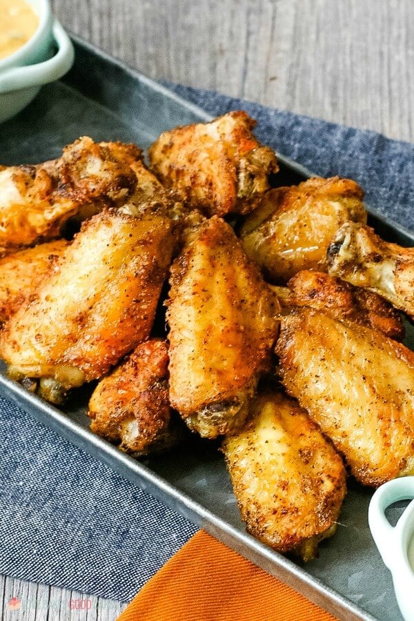 A top down view of the completed recipe for air fryer wings. These air fryer chicken wings are ready to be eaten! 