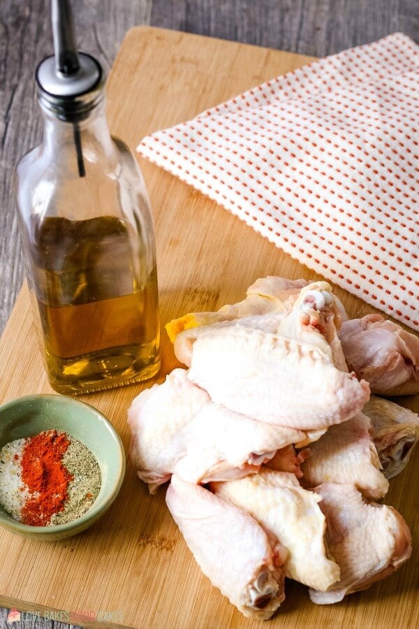 All the ingredients needed to make air fryer wings laid out before we begin the recipe. 