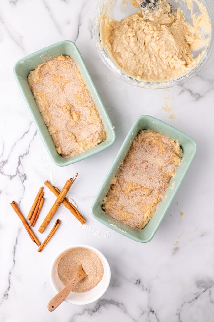cinnamon-sugar mixture sprinkled over the first layer of batter in two loaf pans