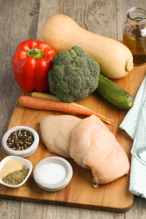 Sheet pan meals are great! This Healthy Sheet Pan Chicken and Veggies Meal is made with chicken and vegetables and makes for a great meal prep recipe! All the ingredients needed to make a sheet pan meal before we begin cooking.