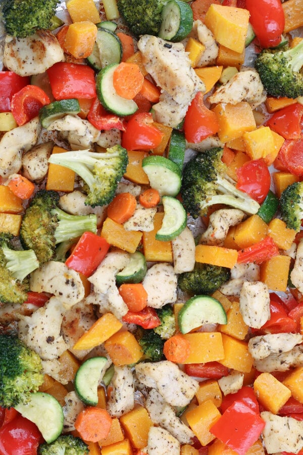 Sheet pan meals are great! This Healthy Sheet Pan Chicken and Veggies Meal is made with chicken and vegetables and makes for a great meal prep recipe! A finished look at our chicken sheet pan meal all baked and ready to serve.