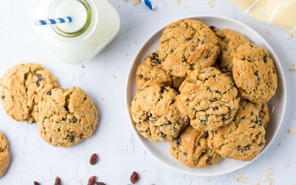 Oatmeal Raisin Cookies on plate with milk