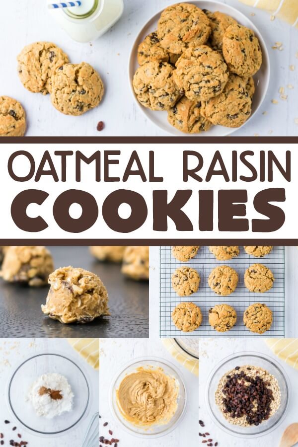 Easy recipe for the ultimate Oatmeal Raisin Cookies - slightly crunchy on the outside with a perfectly soft, heavenly chewy texture when you bite into them. collage with steps to make oatmeal raisin cookies recipe