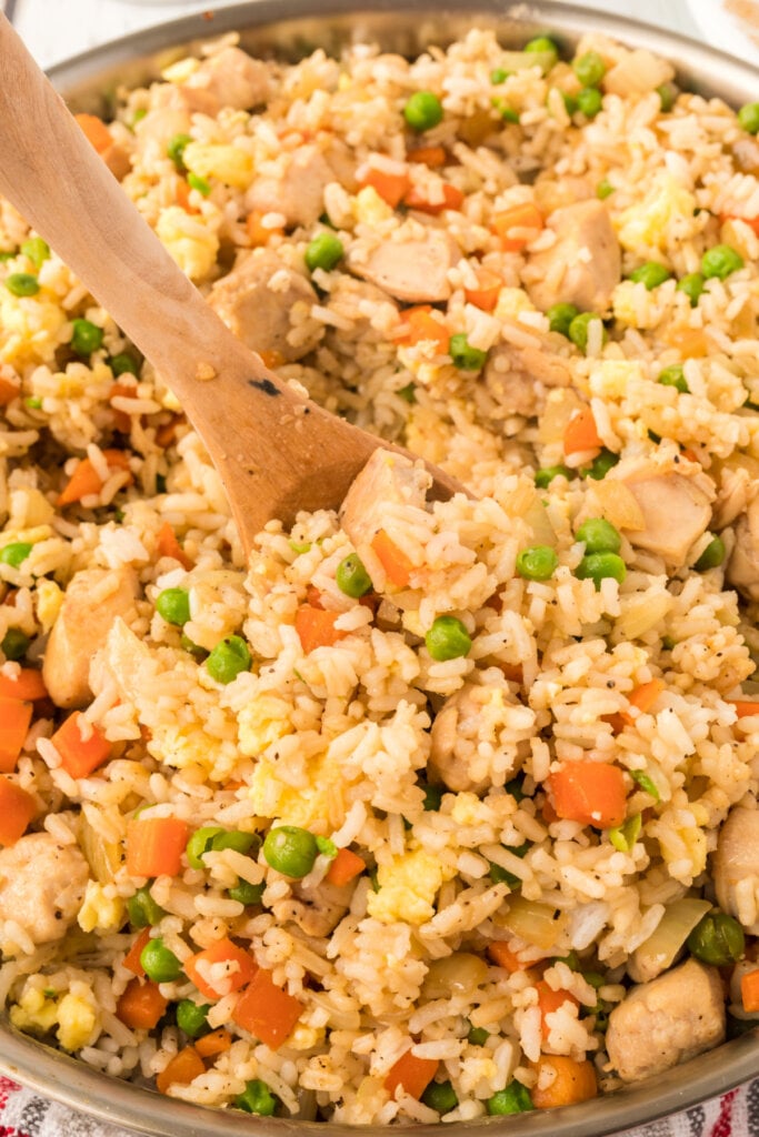 skillet full of chicken fried rice