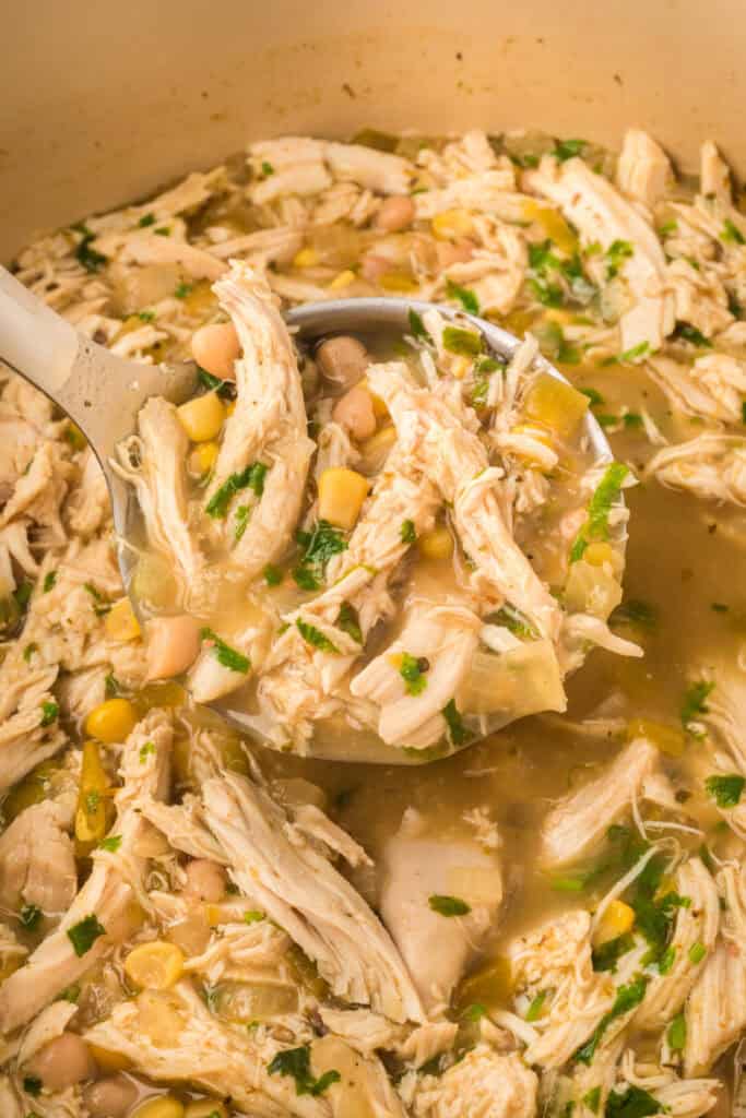 Close-up of a ladle scooping creamy White Chicken Chili with chicken, corn, beans, and cilantro.