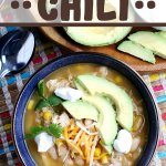 A finished shot of our delicious white chili recipe in a bowl ready to serve.