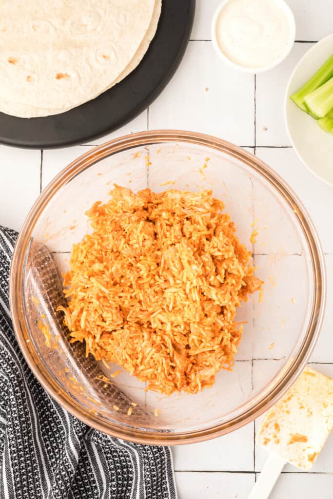 Buffalo chicken and cheese filling mixed together for Buffalo Chicken Quesadillas