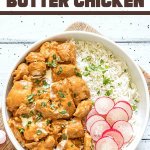 butter chicken in bowl garnished with thin radish slices