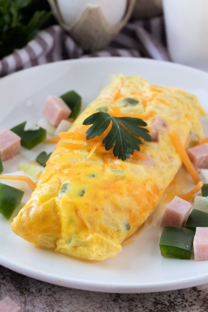 finished omelet in a bag on a white plate