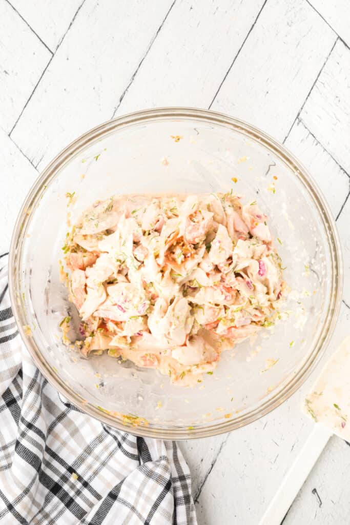 Creamy Deli-Style Crab Salad fully mixed and ready to chill before serving.