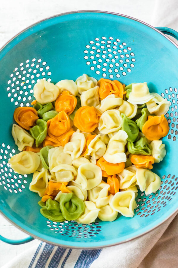 cooked tortellini in aqua colander