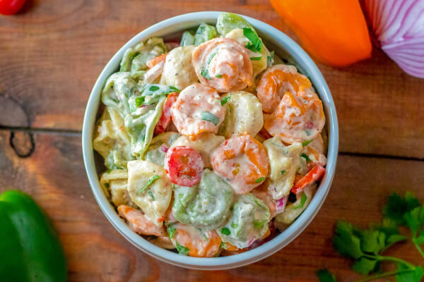 overhead shot of pasta salad in bowl