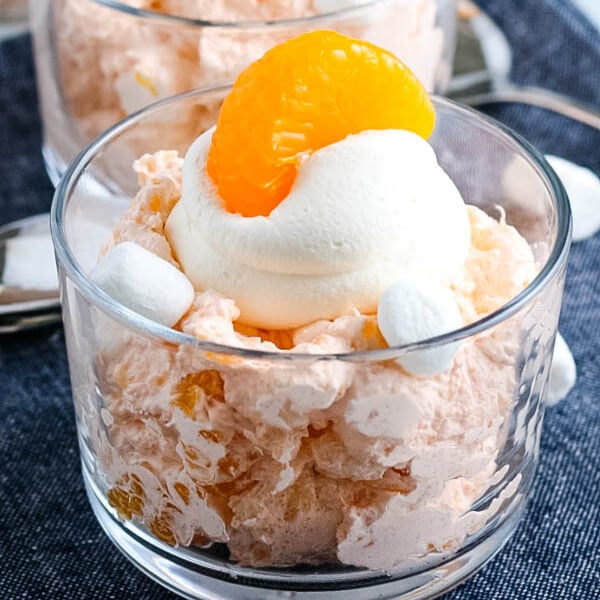 closeup of finished orange fluff jello salad