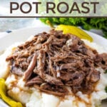 mississippi pot roast over mashed potatoes with pepperoncini peppers