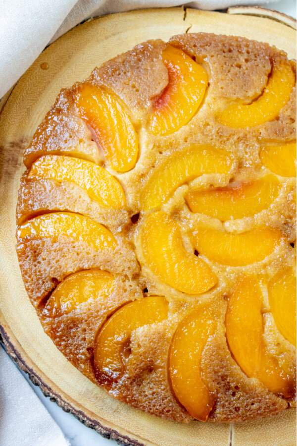 looking down onto finished peach upside down cake