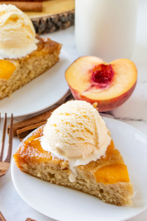 peach cake slice on plate