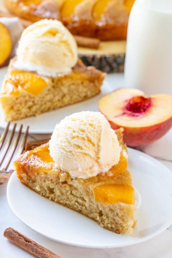 peach upside down cake on plate