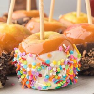 closeup of a decorated caramel apple