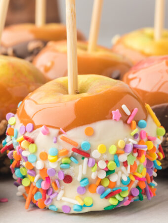 closeup of a decorated caramel apple