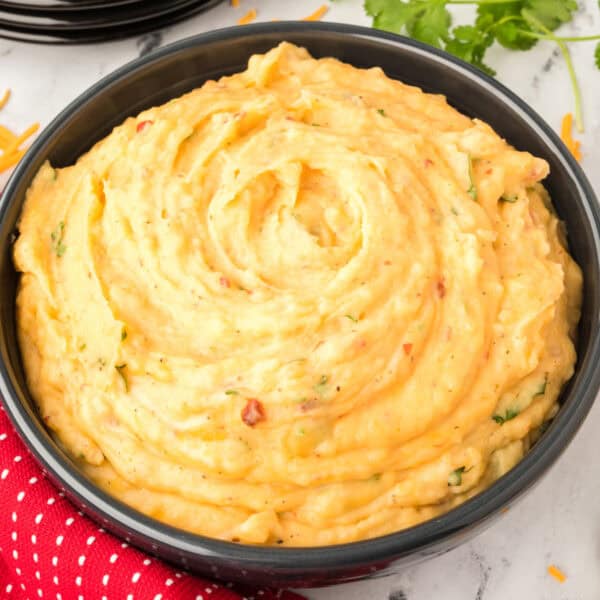 Overhead view of a bowl of Chipotle Cheddar Mashed Potatoes