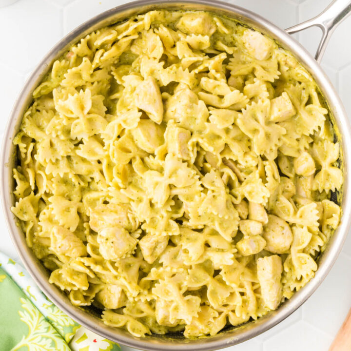 skillet with creamy chicken pesto pasta