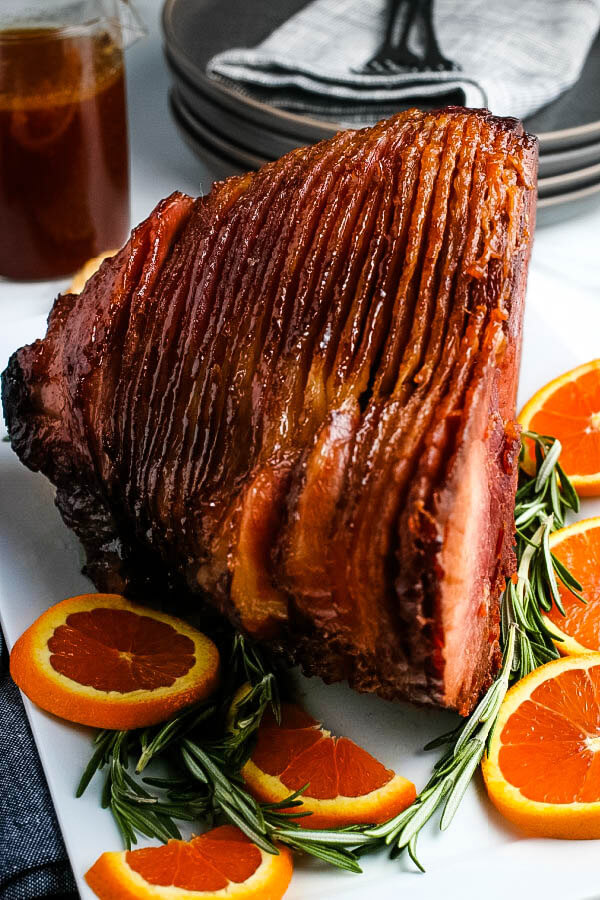 honey baked glazed ham on serving platter