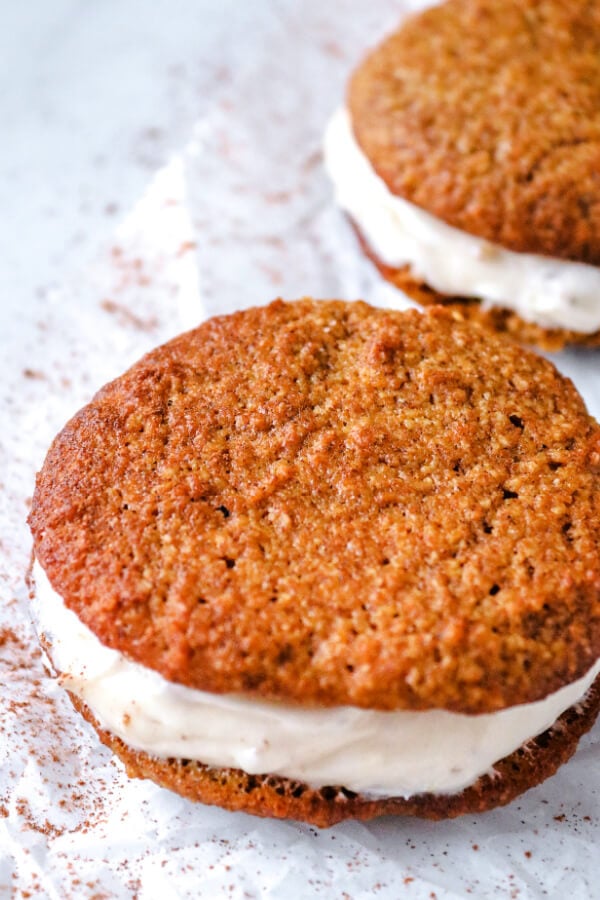 Keto Pumpkin Whoopie Pies with cream cheese and pecan filling