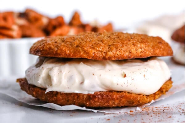 Keto Pumpkin Whoopie Pies filled with cream cheese and pecans