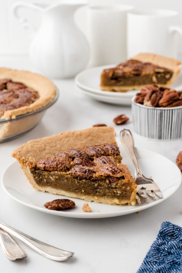 maple pecan pie slice on plate
