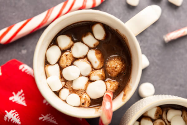 looking down into a mug of utella hot chooclate with marshmallows