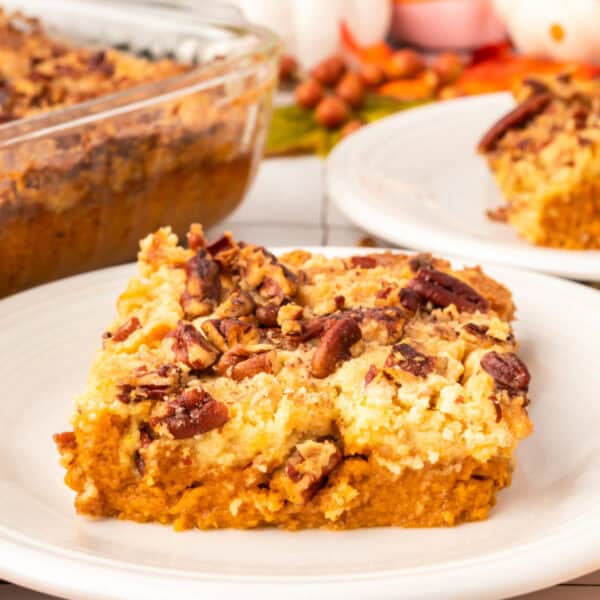 Square image of Pumpkin Dump Cake with a creamy pumpkin layer and pecan topping