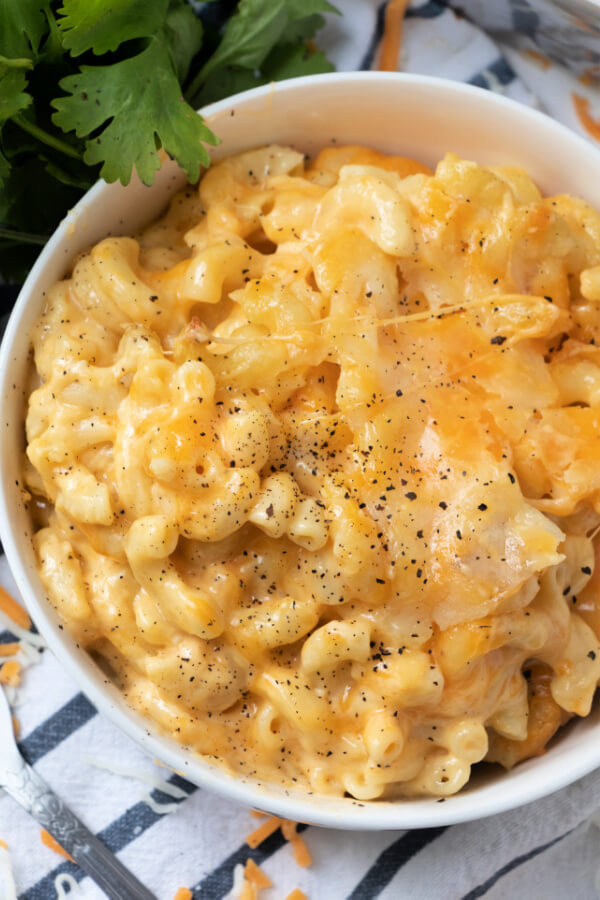 looking down on a bowl of baked mac and cheese