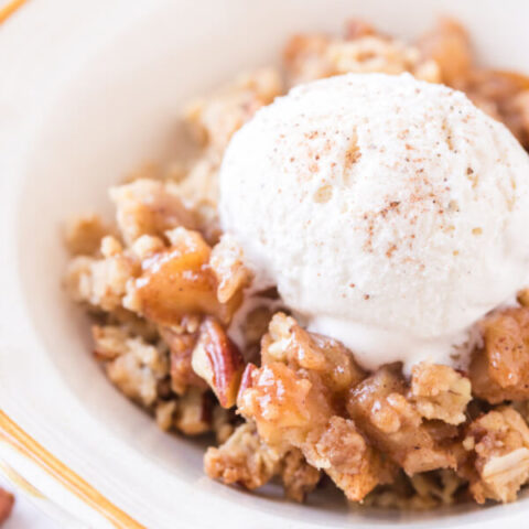 closeup apple crumble in bowl with ice cream