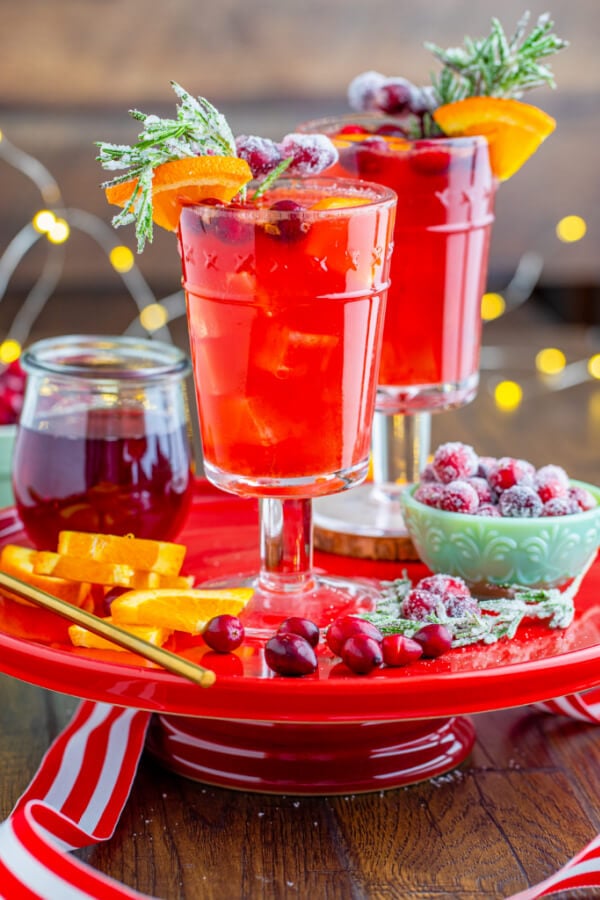 drinks on red cake stand with festive decor