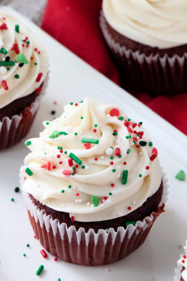 cream cheese frosting on red velvet cupcake