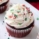 closeup of finished frosting on cupcake with sprinkles