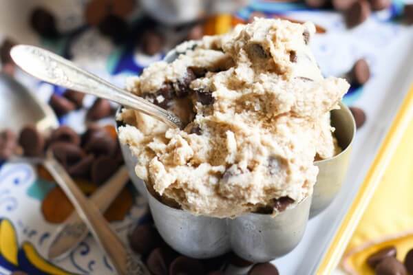 edible cookie dough in metal bowl